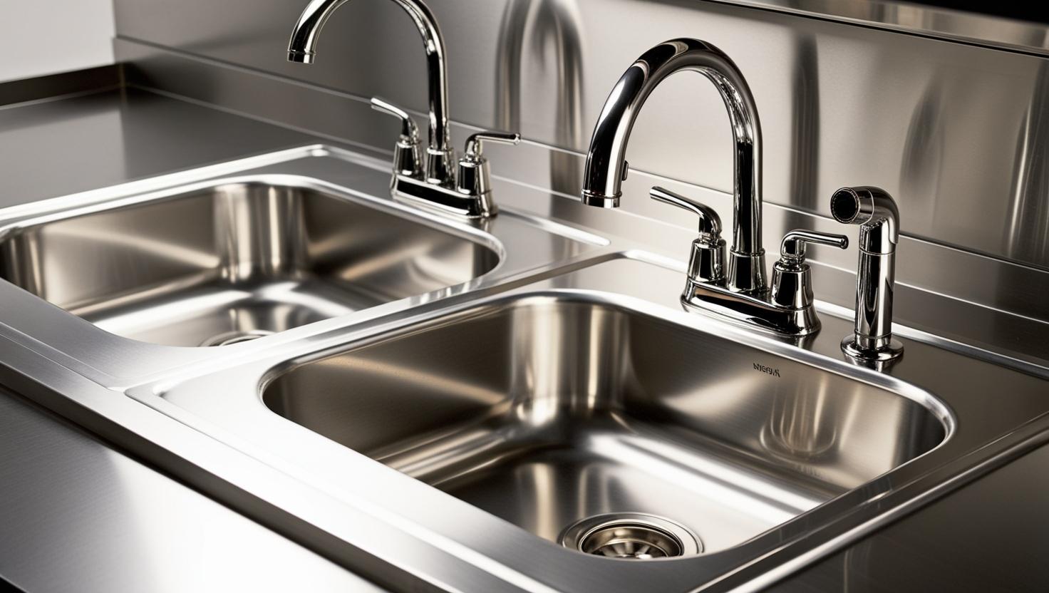 Modern Stainless Steel Sinks with Faucets for Efficient Food Preparation and Cleaning ual stainless steel sinks with polished faucets in a commercial kitchen setting.