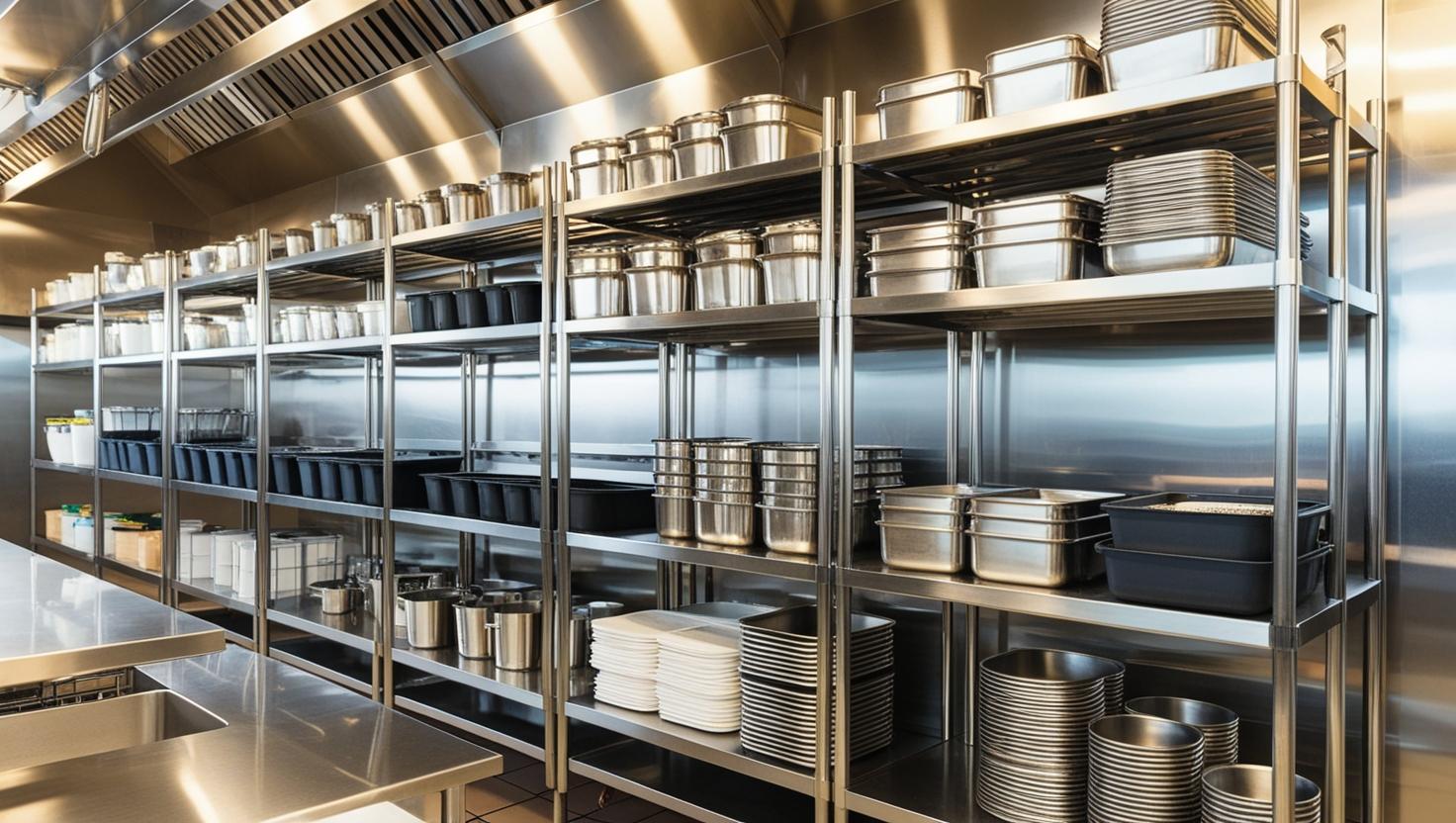 Organized Shelving with Food Preparation Equipment in a Commercial Kitchen Stainless steel shelving unit stocked with various food preparation containers and utensils in a commercial kitchen.