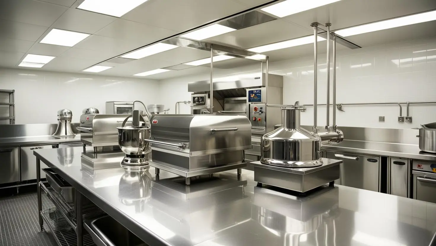 Essential Commercial Food Preparation Equipment for Professional Kitchens Various commercial food preparation equipment including mixers, ovens, and cutting tools in a professional kitchen.