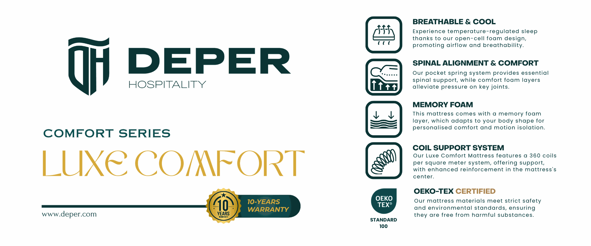 Luxe Comfort Mattress advertisement showcasing breathable materials, spinal alignment support, memory foam features, coil support details, and Oeko-Tex certification.
