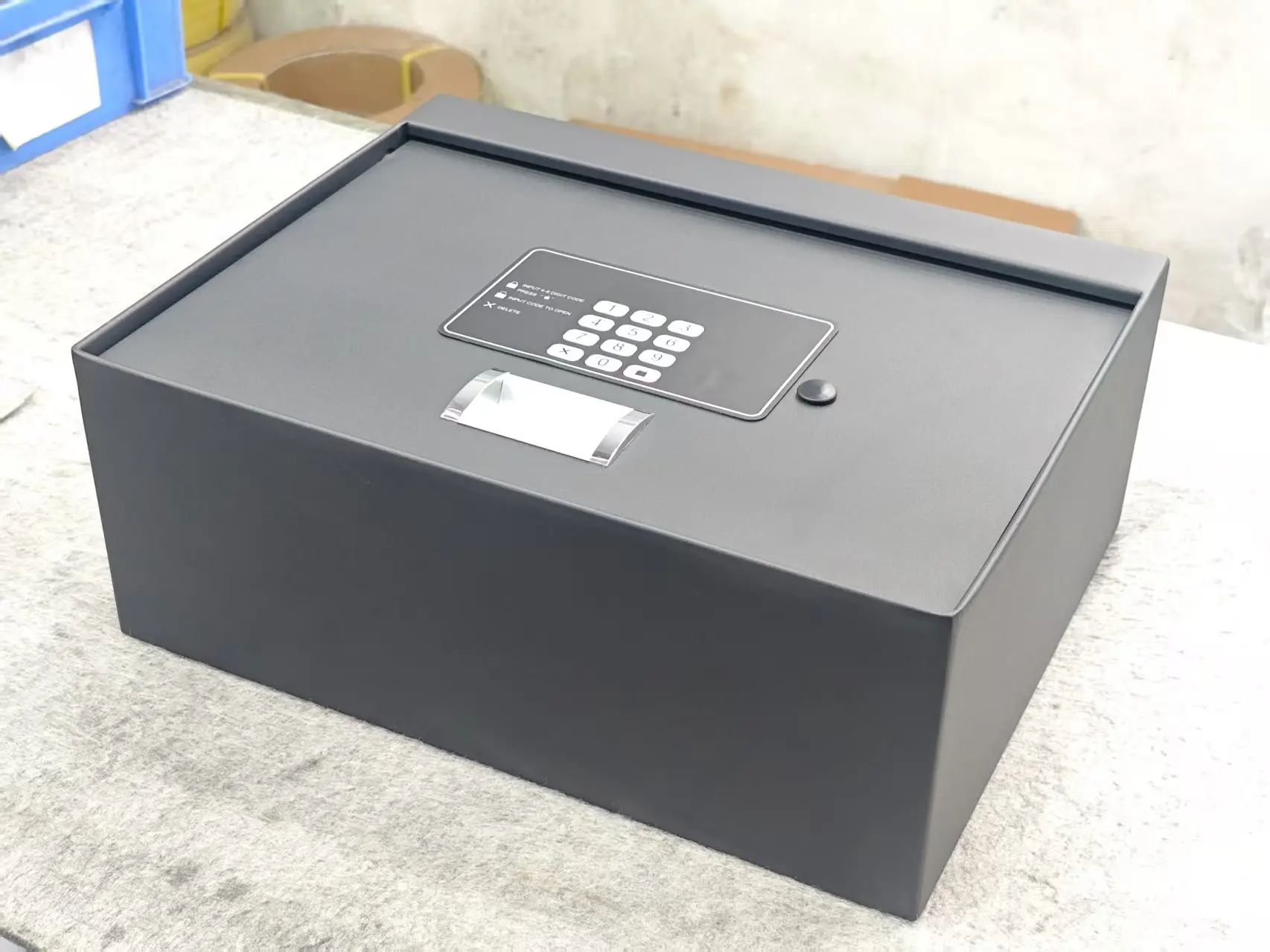 Innovative top open safe designed for integration into drawers or custom furniture.
