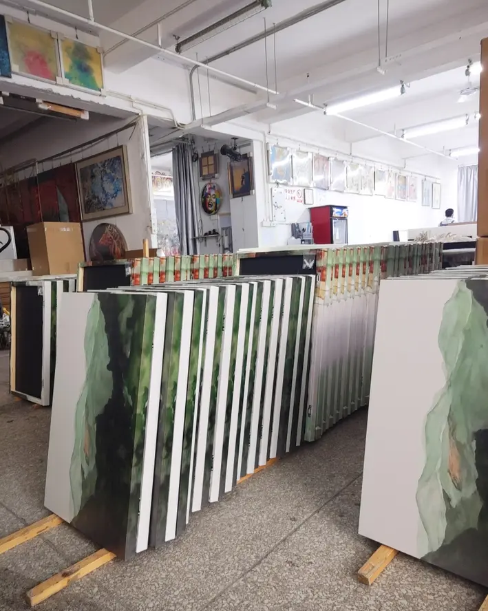 Behind-the-scenes view of handcrafted wall art panels prepared in studio production—ideal for large-scale hotel, resort, and commercial interior design projects.