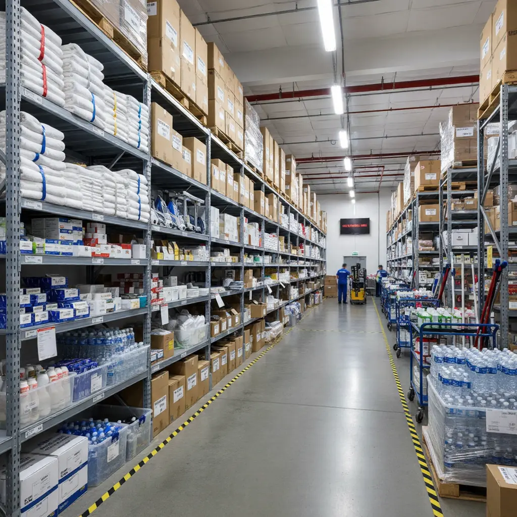 Large industrial warehouse aisle with organized metal shelving units stocked with supplies, boxes, and bottled water.