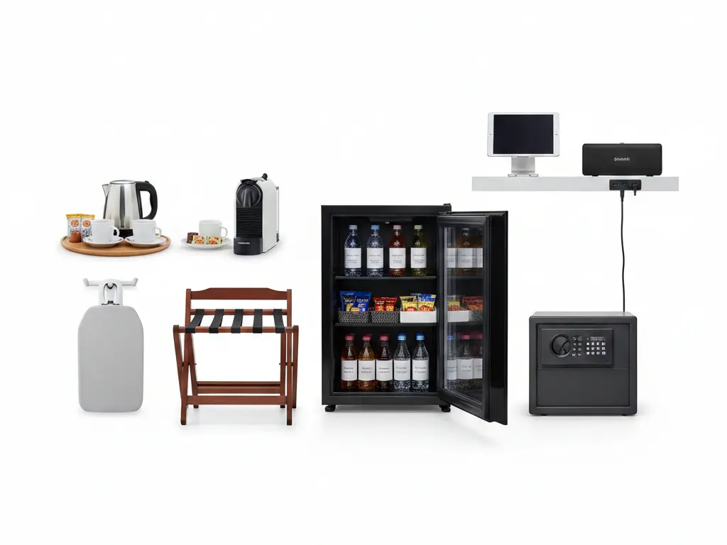 Collection of hotel room amenities including a mini-fridge, coffee machine, electric kettle, luggage rack, ironing board, and digital safe.
