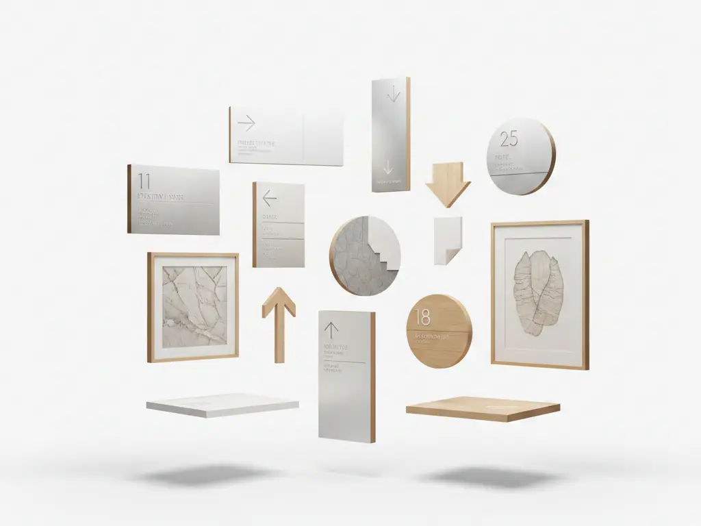 Collection of modern minimalist hotel signage, including room numbers, directional arrows, and circular wall plaques in wood and silver finishes.