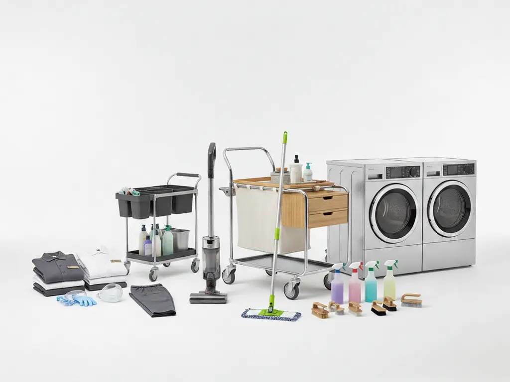 Professional hospitality cleaning equipment featuring laundry machines, janitorial carts, vacuum cleaners, and essential cleaning chemicals.