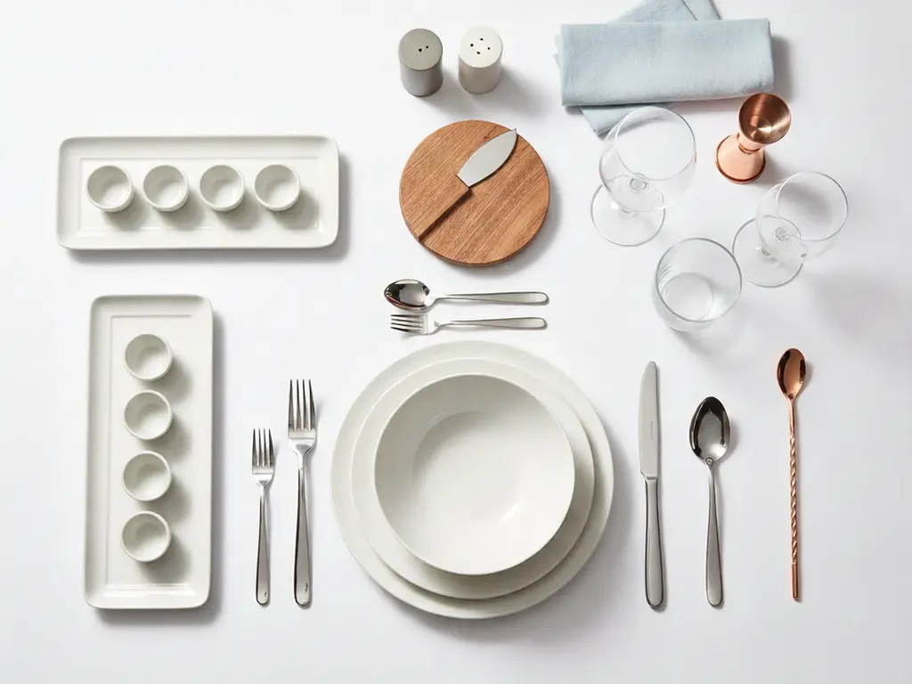 Minimalist modern table setting with white ceramic plates and bowls, stainless steel cutlery, glassware, a wooden cheese board, and light blue napkins.