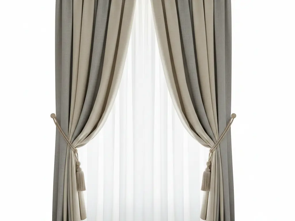 Elegant floor-length gray and beige curtains with decorative tassels over sheer white privacy liners.