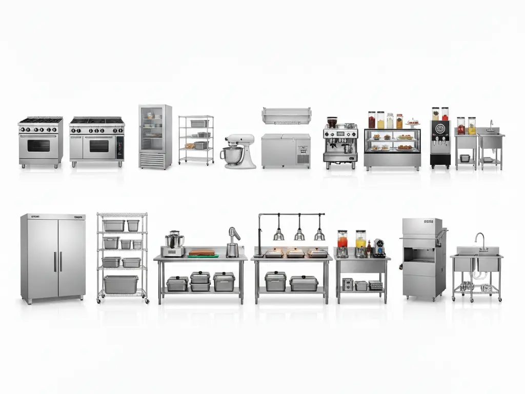 Comprehensive collection of stainless steel commercial kitchen equipment including ovens, refrigerators, mixers, espresso machines, and prep stations.