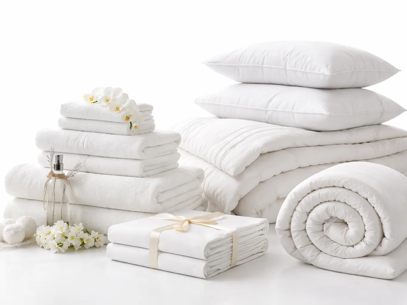 A variety of luxury spa amenities including white towels, a wooden body brush, glass jars of bath salts, bar soaps, and various pump bottles decorated with eucalyptus leaves.