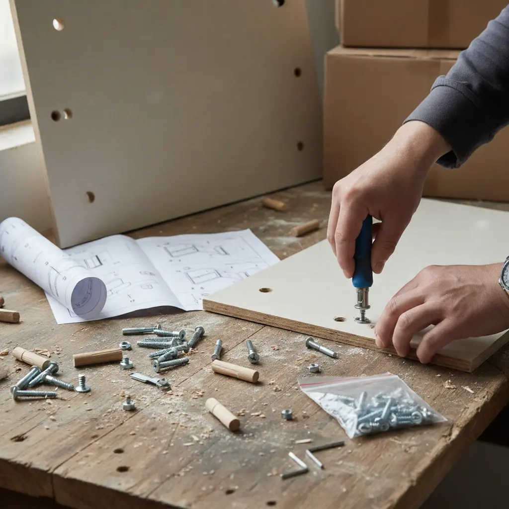 A person assembling flat-pack furniture on a wooden workbench, using a blue screwdriver to install a cam bolt into a pre-drilled particle board panel alongside wooden dowels, screws, and instructions.