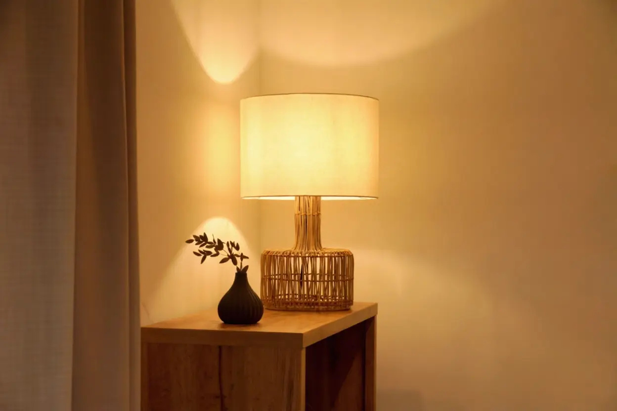 Warmly lit woven rattan table lamp sitting on a wooden cabinet next to a small black vase with a branch.