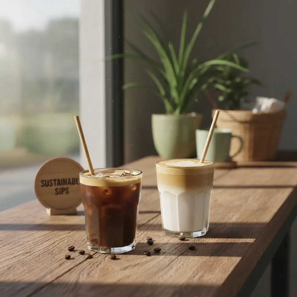 Sustainable Coffee Sips: Iced Coffee and Latte in a Sunlit Cafe An iced coffee and a layered latte with latte art in glasses with bamboo straws on a sunlit wooden counter next to a "Sustainable Sips" sign.