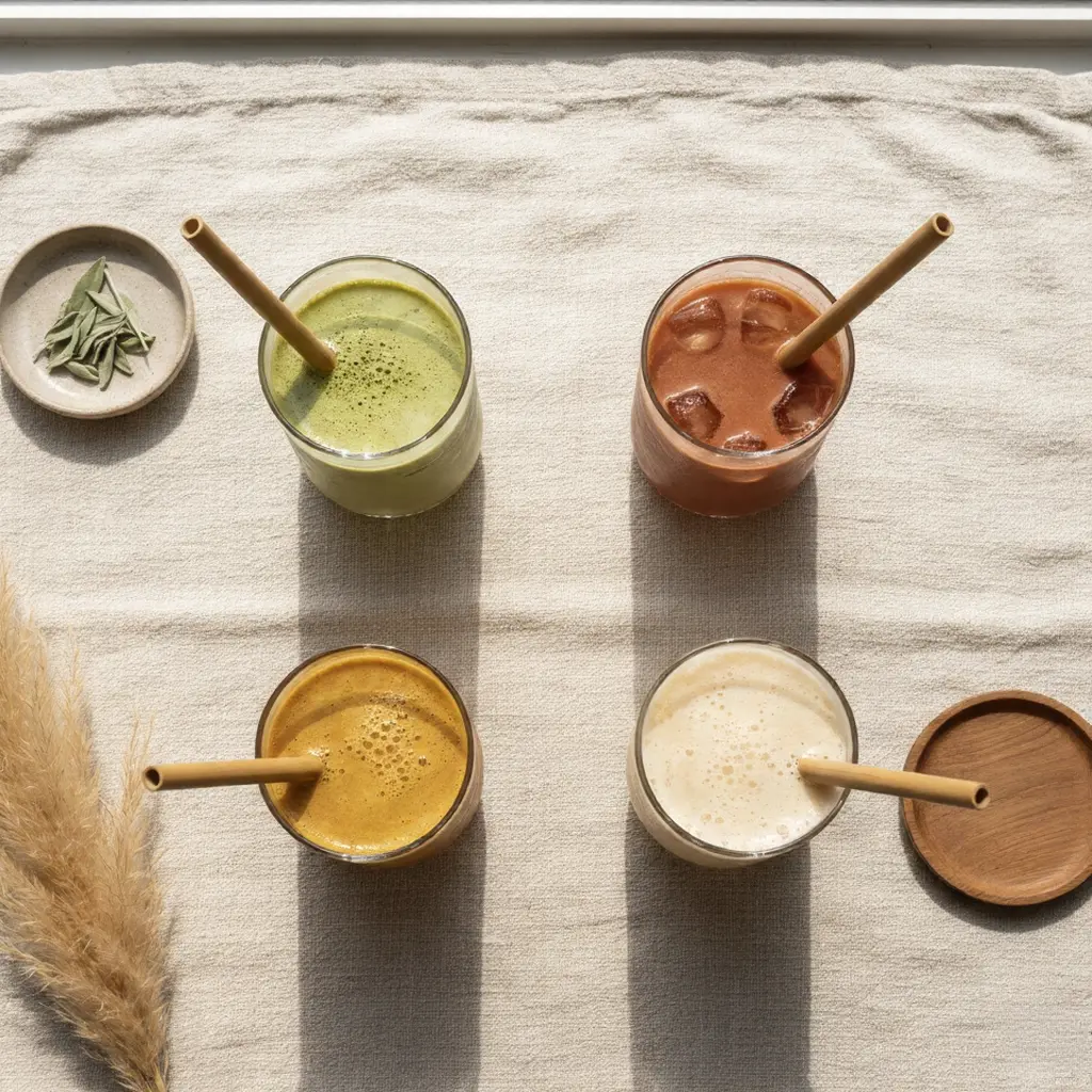 Assorted Iced Wellness Lattes with Eco-Friendly Straws Top-down view of four colorful iced lattes (matcha, chocolate, turmeric, and vanilla) in glass cups with bamboo straws on a linen tablecloth.