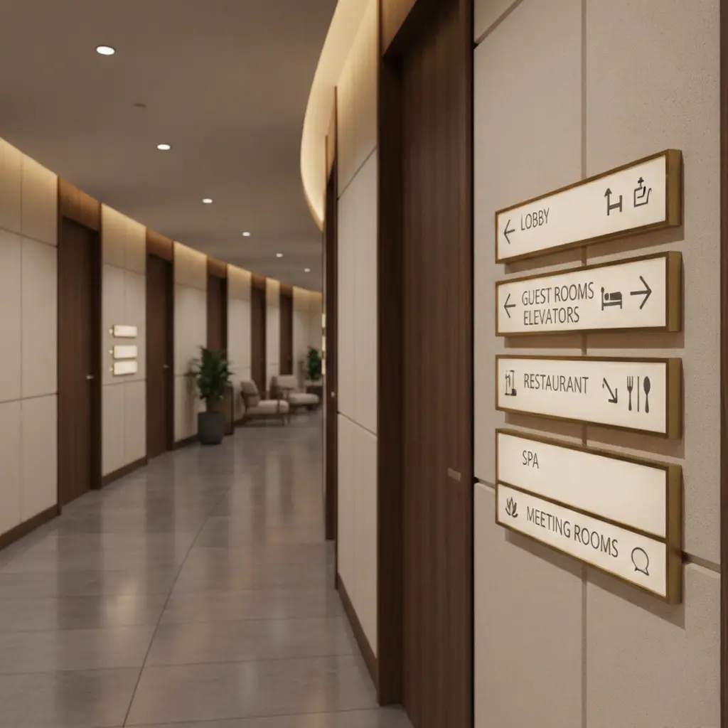 Wayfinding signage in a luxury hotel corridor Modern Luxury Hotel Wayfinding Signage in Elegant Corridor