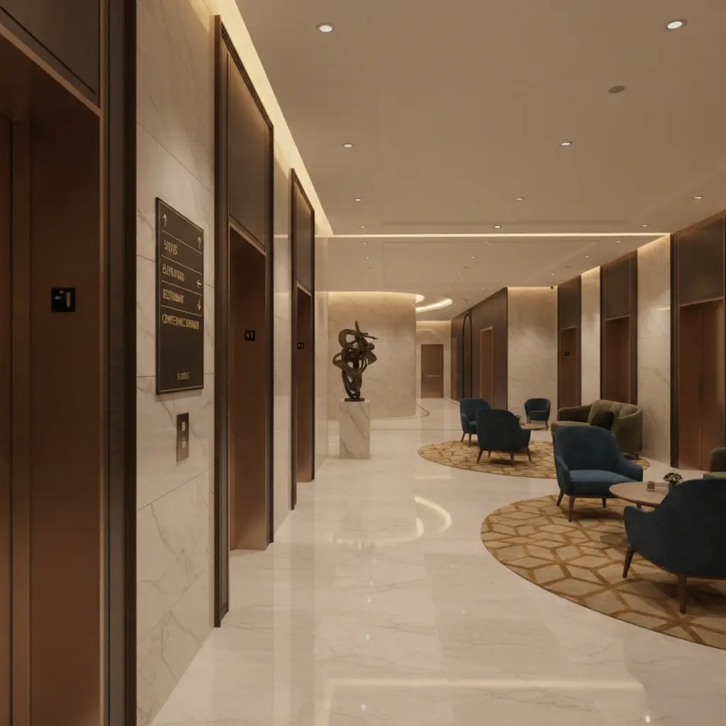 Upscale Hotel Lobby and Elevator Wayfinding Luxury hotel elevator lobby with marble floors, gold-toned elevator doors, dark wood paneling, and a modern lounge area with blue armchairs