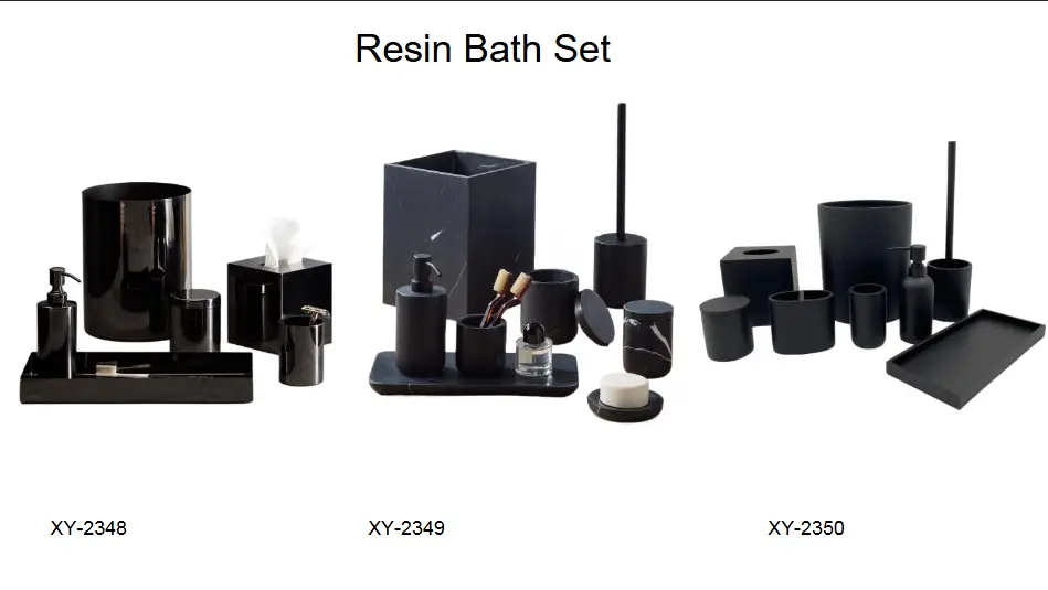 Three different styles of black resin bathroom accessory sets featuring soap dispensers, wastebaskets, and trays.