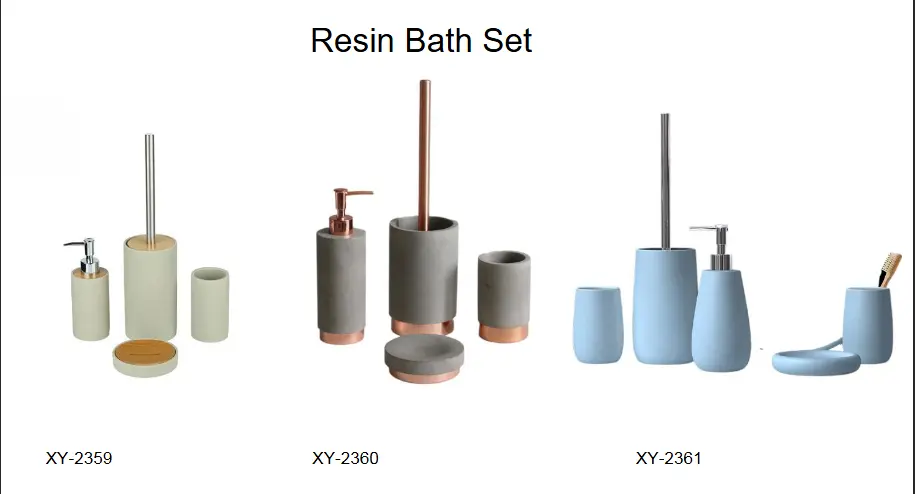 Resin bathroom sets featuring cream and concrete grey finishes with copper and silver metallic bases, plus a soft light blue matte set.