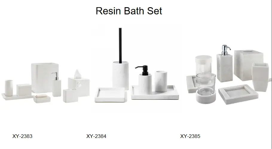 Luxury white resin bath sets featuring minimalist matte finishes, a white marble effect with black hardware, and a high-end stone texture set with square soap dishes.