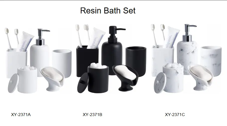 Resin bathroom sets in matte white, solid black, and white marble finishes featuring unique wave-shaped soap dishes and covered cotton ball jars.