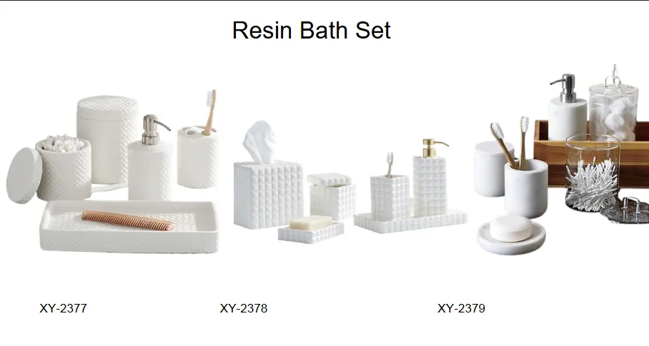 White resin bathroom accessory sets featuring a diamond lattice texture, a square 3D grid pattern, and a smooth marble set with a wooden organizer tray.