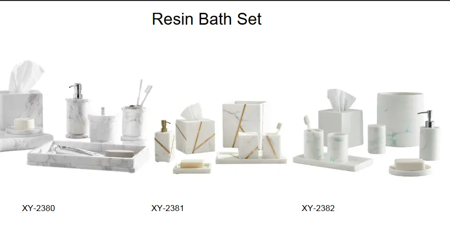 Luxury white resin bathroom sets featuring a classic grey marble effect, a modern geometric gold line inlay, and a soft green-veined marble design.
