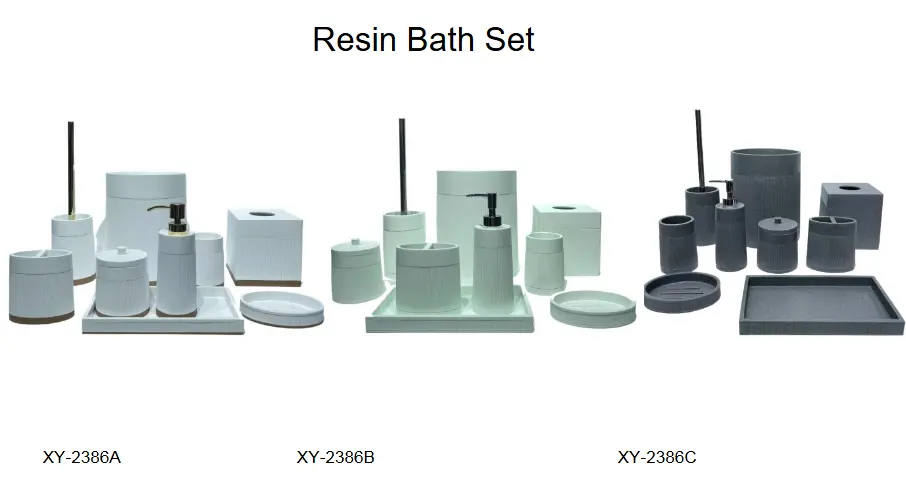 Ribbed resin bathroom accessory sets in off-white with natural wood bases, mint green, and dark charcoal grey, including square vanity trays and matching canisters.