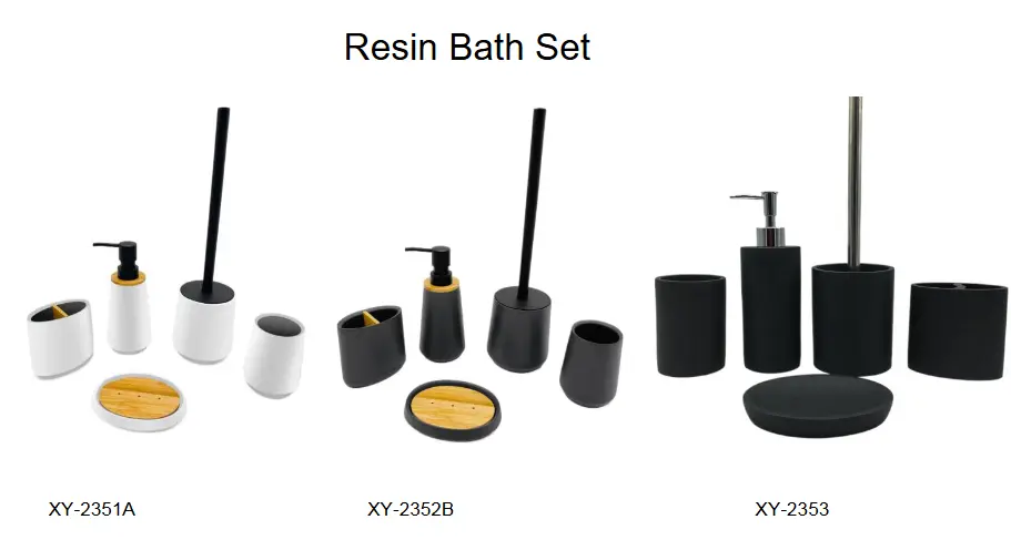 Modern resin bathroom sets including white and black matte finishes with bamboo wood accents and stainless steel toilet brushes.