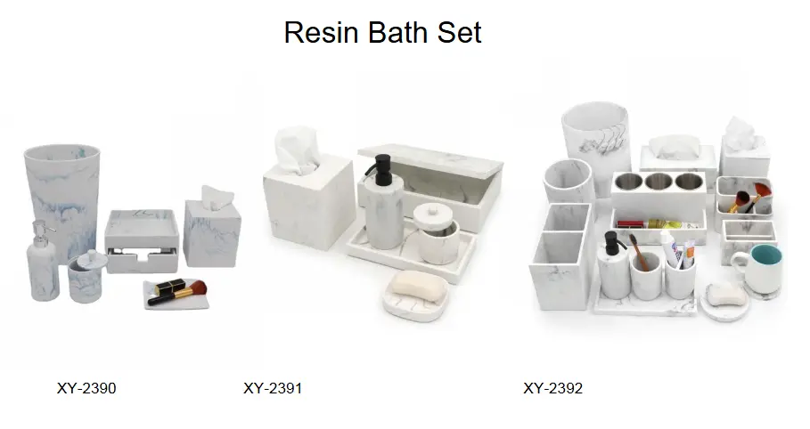 Large marble-veined resin bathroom sets featuring multi-compartment vanity organizers, elongated storage boxes with lids, and matching soap dispensers.