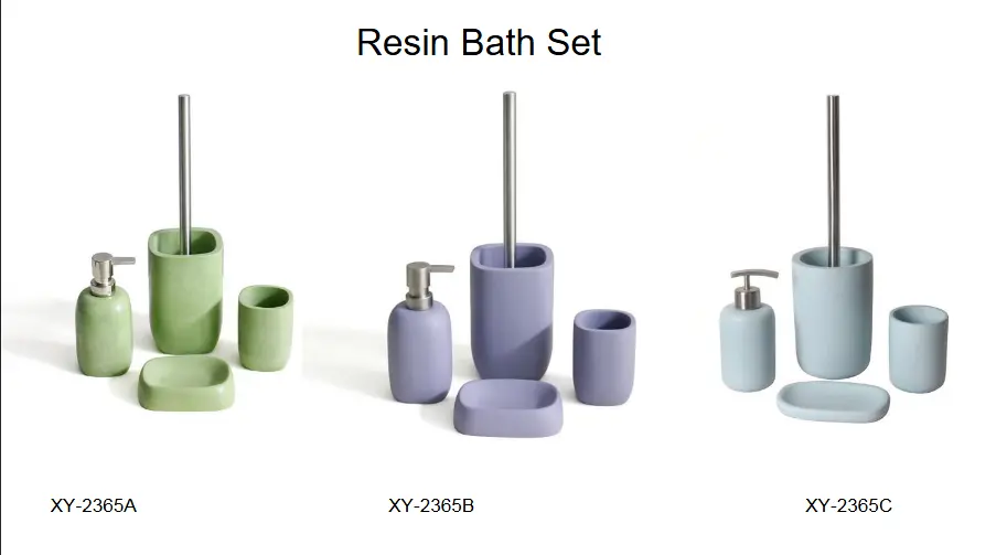 Matte resin bathroom accessory sets in sage green, lavender purple, and sky blue finishes with silver soap dispensers and matching toilet brushes.