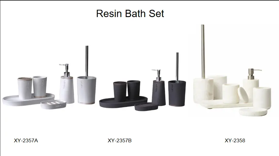 Modern resin bathroom sets in matte white and black finishes featuring natural bamboo wood inserts and black toilet brushes.