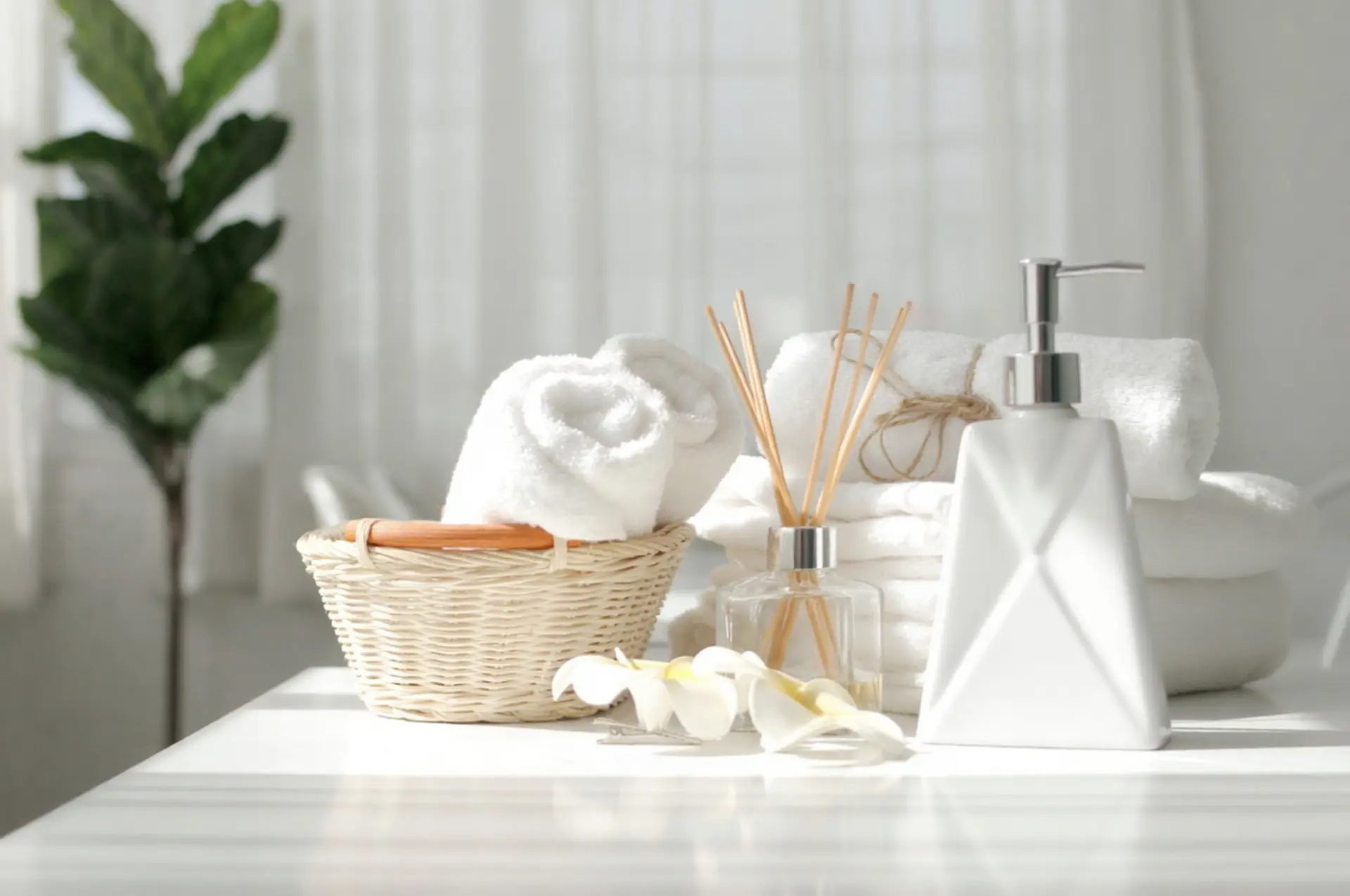 White hotel toiletries dispenser, reed diffuser, and rolled towels in a wicker basket on a sunlit table.