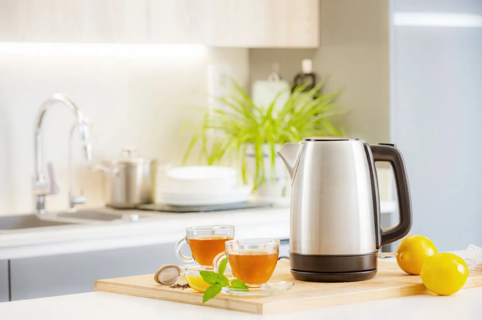 Modern stainless steel electric kettle made in China on a wooden board with tea cups and lemons.