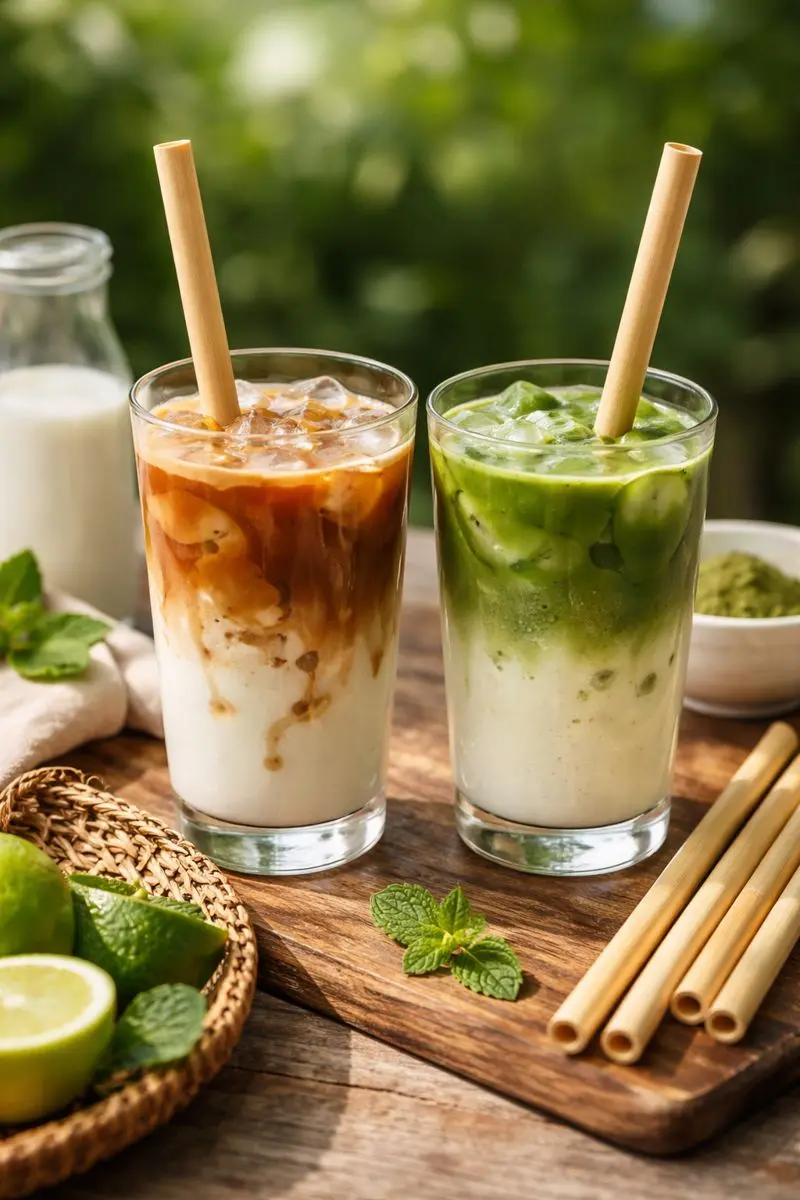 Two iced beverages with bamboo straws on a wooden table, showcasing eco-friendly OS&E hospitality items
