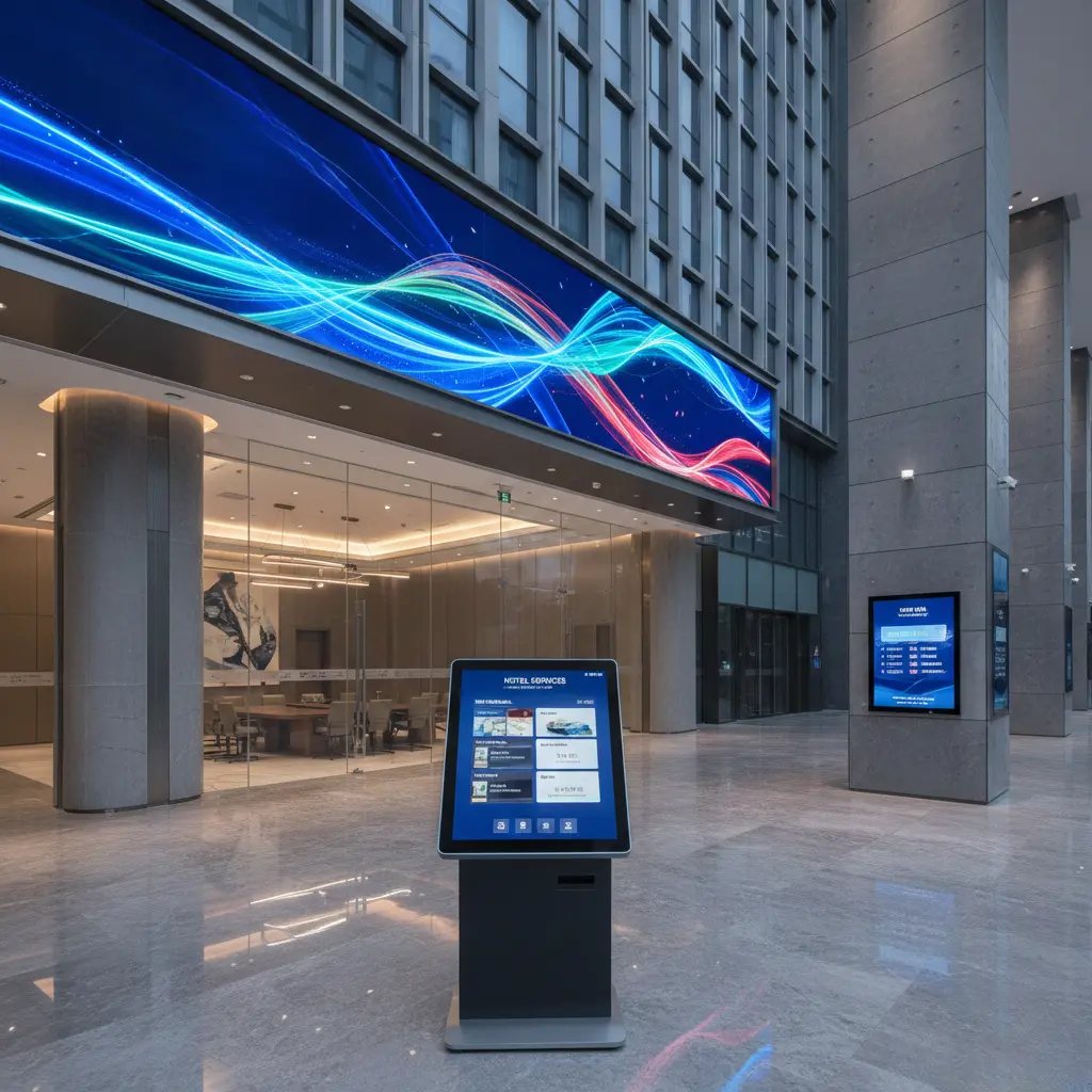 An interactive wayfinding kiosk and a large overhead LED video wall displaying abstract blue light waves, showcasing modern hotel digital signage in a high-tech building lobby.