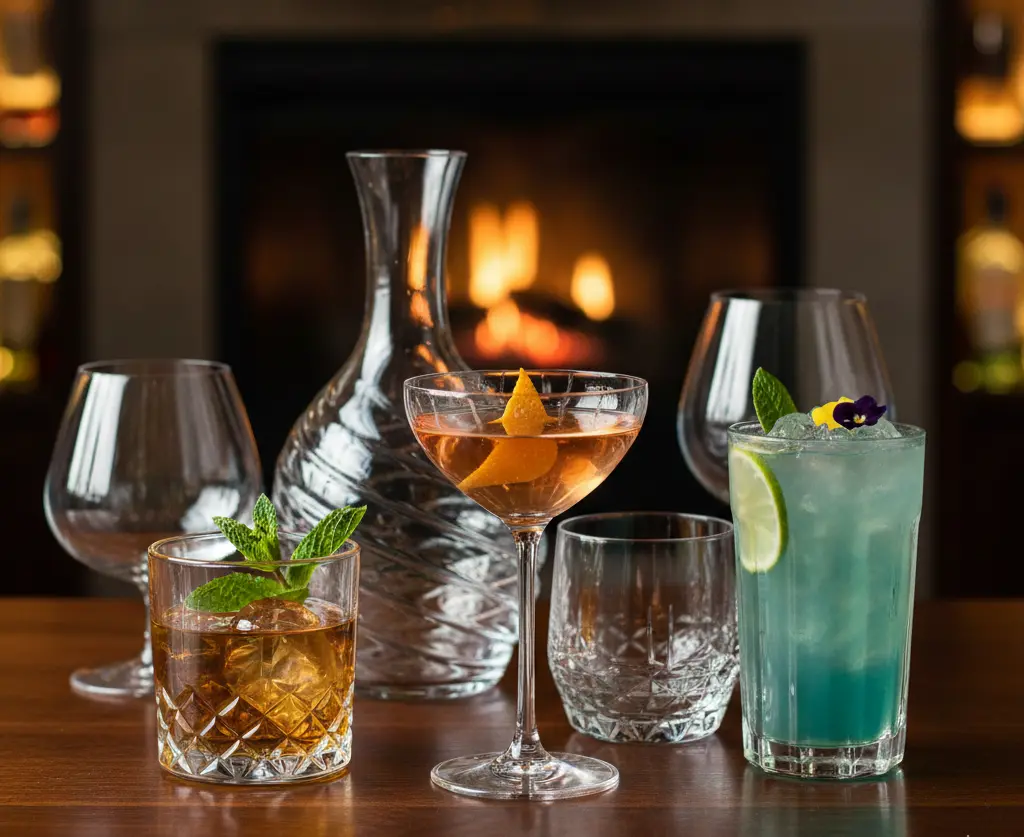 A collection of elegant crystal cocktails and china-inspired glassware, including a blue drink with a lime garnish and an amber cocktail with mint, set against a warm fireplace background.