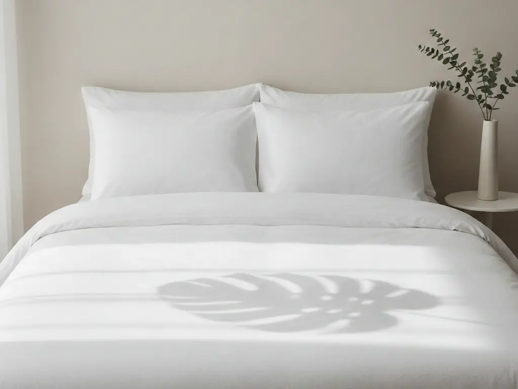 Minimalist white bedding set by OS&E  from china featuring clean white pillows and duvet with a tropical leaf shadow.