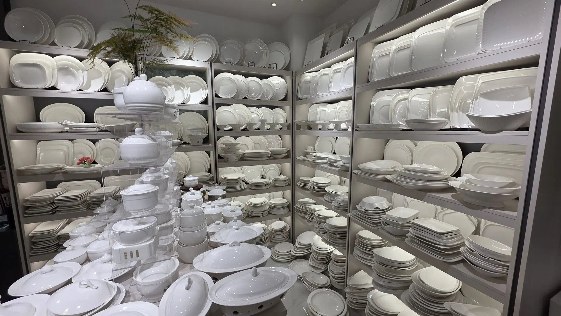 A large showroom display featuring rows of elegant white bone china dinnerware, including plates, bowls, and serving tureens on illuminated shelves.
