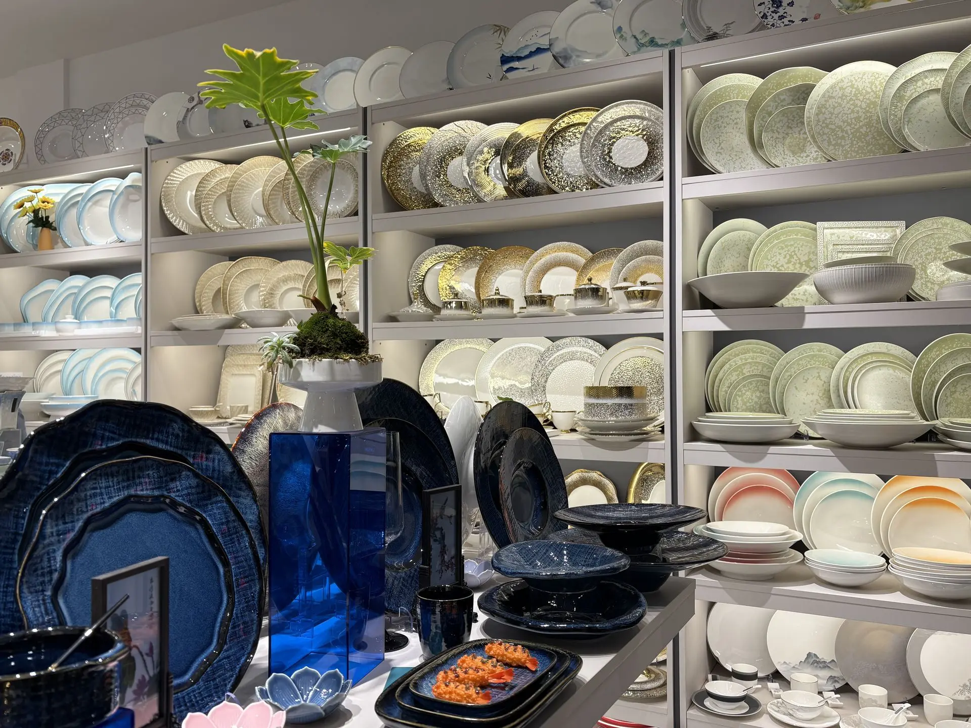 Premium China Crockery Collection - Modern and Classic Tableware Display Elegant display of luxury China crockery sets featuring gold-rimmed, blue, and textured porcelain plates on retail shelving.