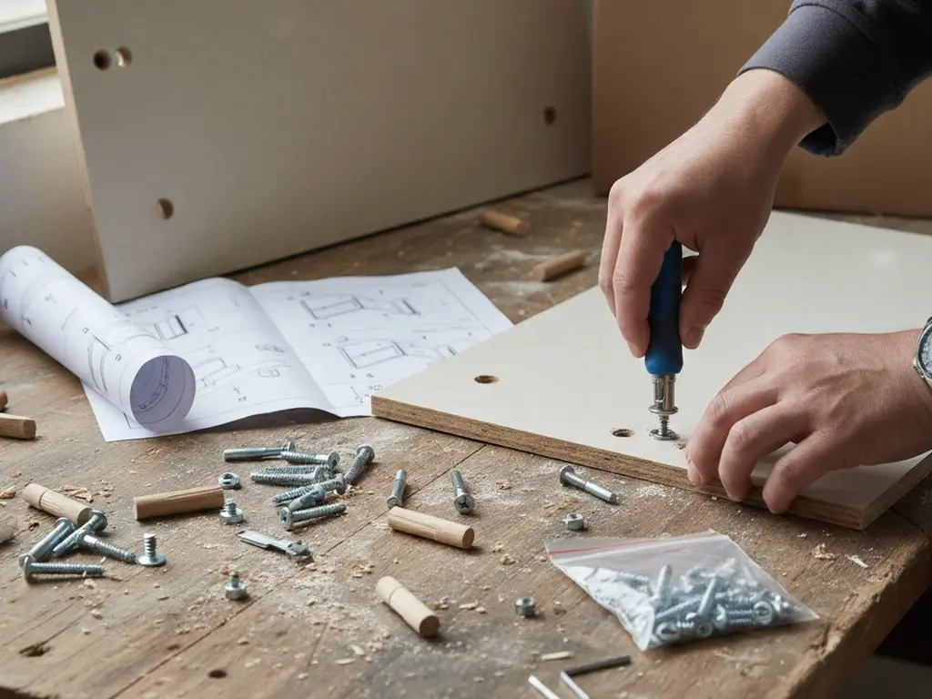 Furniture Assembly and Furniture Sourcing in China OS&E A person assembling flat-pack furniture using a screwdriver and wooden dowels on a wooden workbench, illustrating high-quality furniture manufacturing in China OS&E.