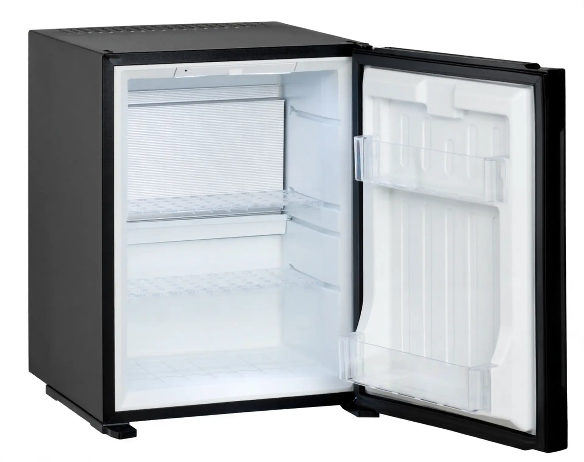 Open black mini fridge for hospitality, sourced from a leading China OS&E supplier.