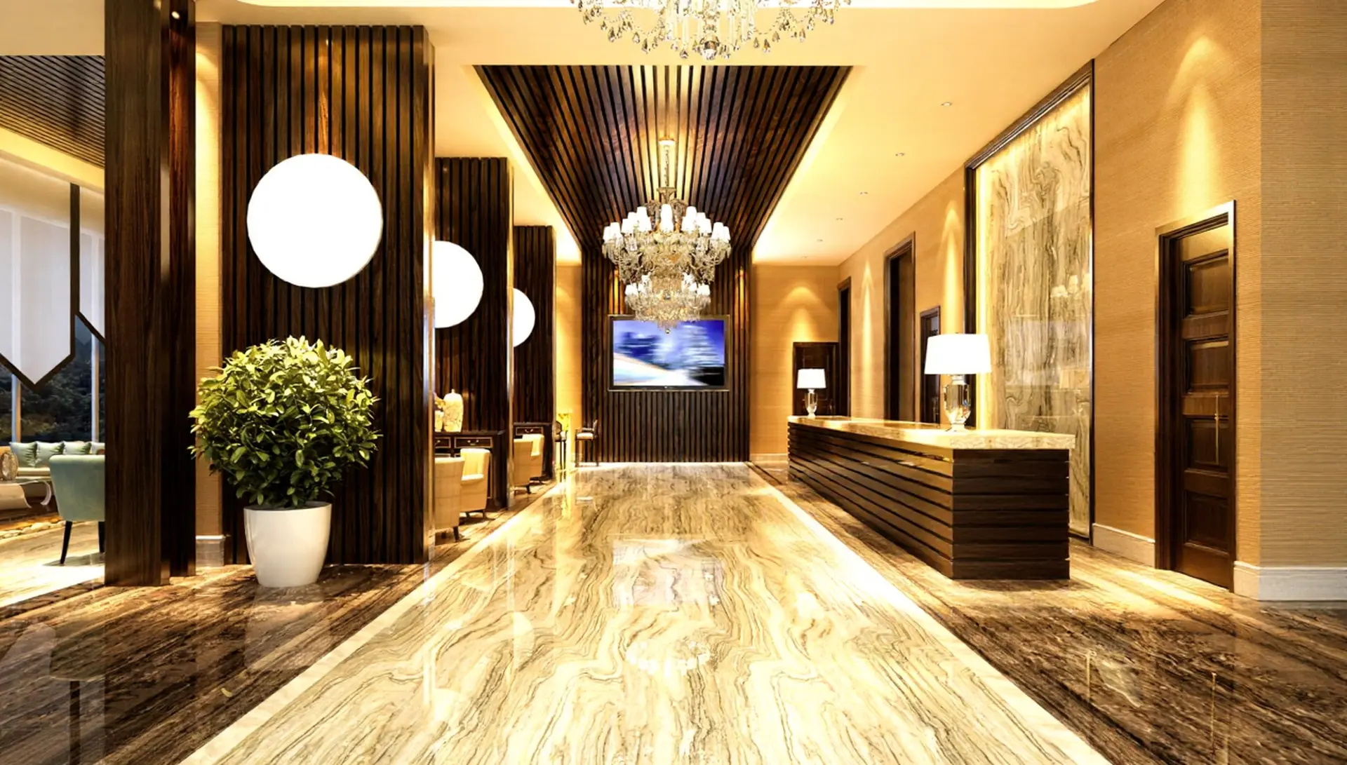 High-end Hotel Interior Design in China Modern luxury hotel lobby interior in Guangzhou, China, featuring polished marble floors and wood-slat walls.