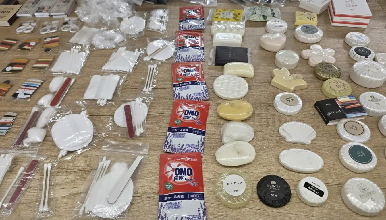 A wide variety of hotel guest amenities including soaps, vanity kits, and detergent packets from a supplier in China.