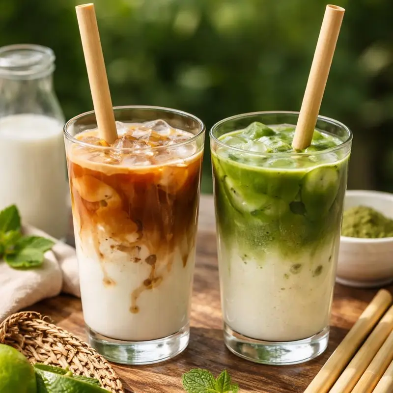 Eco-friendly bamboo straws as OS&E hospitality essentials in drinks and beverages Two iced beverages with bamboo straws on a wooden table, showcasing eco-friendly OS&E hospitality items