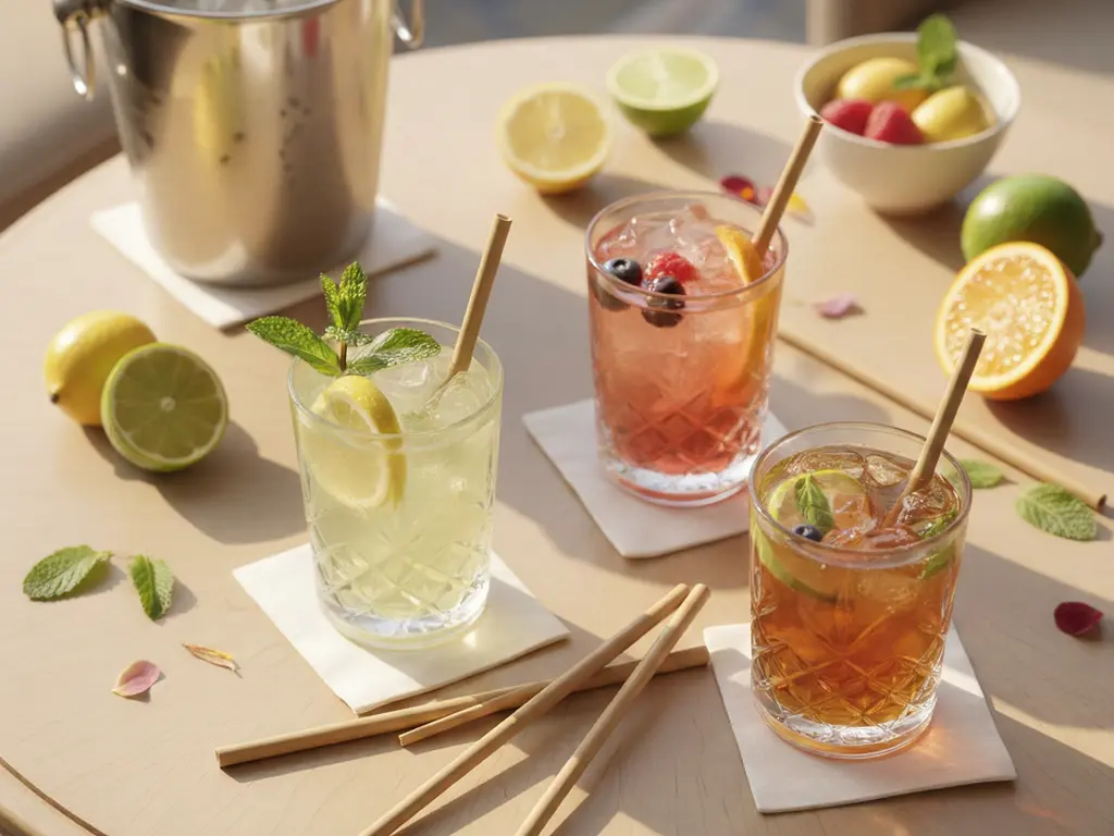 Refreshing summer cocktails on a table with bamboo straws and an ice bucket made of china.