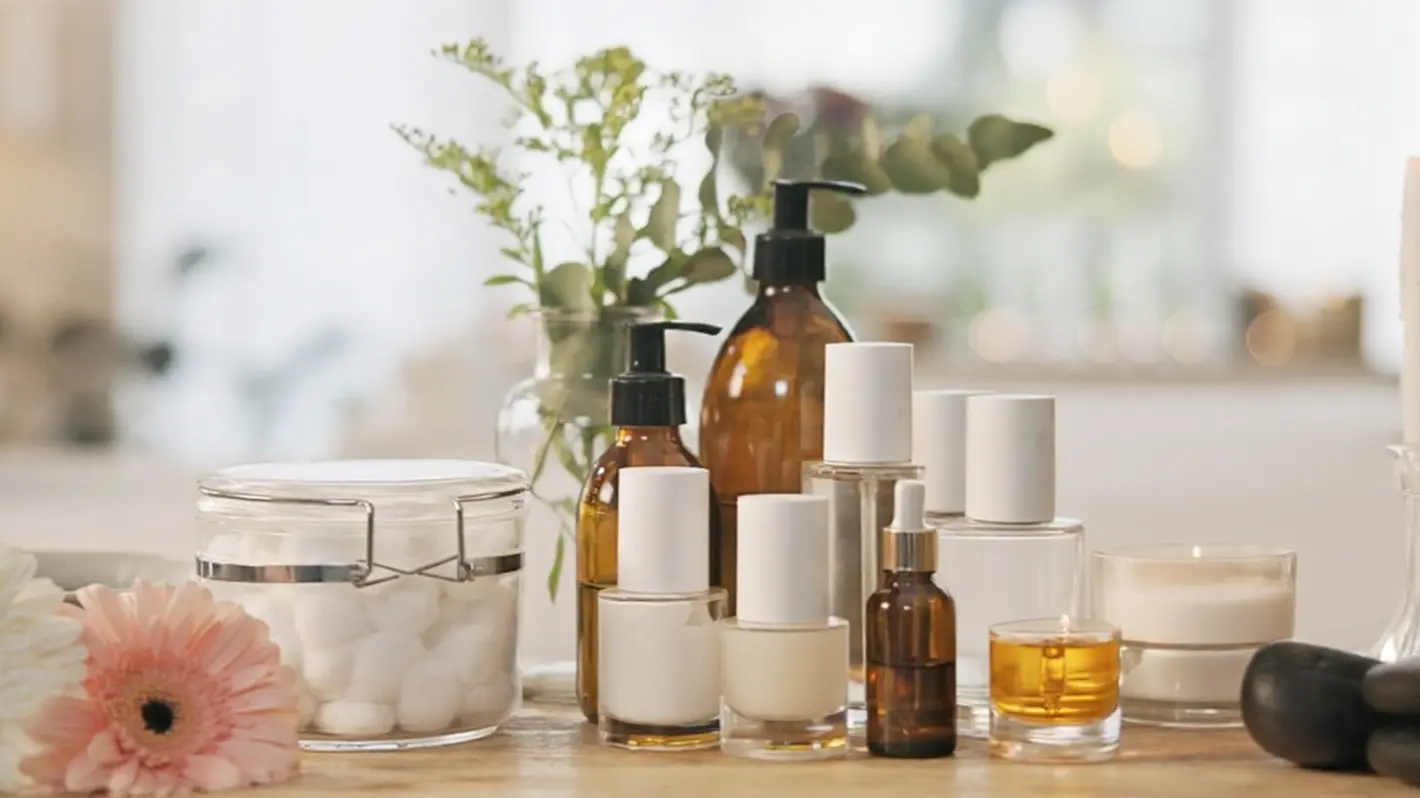A collection of natural toiletries and skincare products including amber glass pump bottles, white serum vials, cotton balls in a glass jar, and a lit candle on a wooden surface.