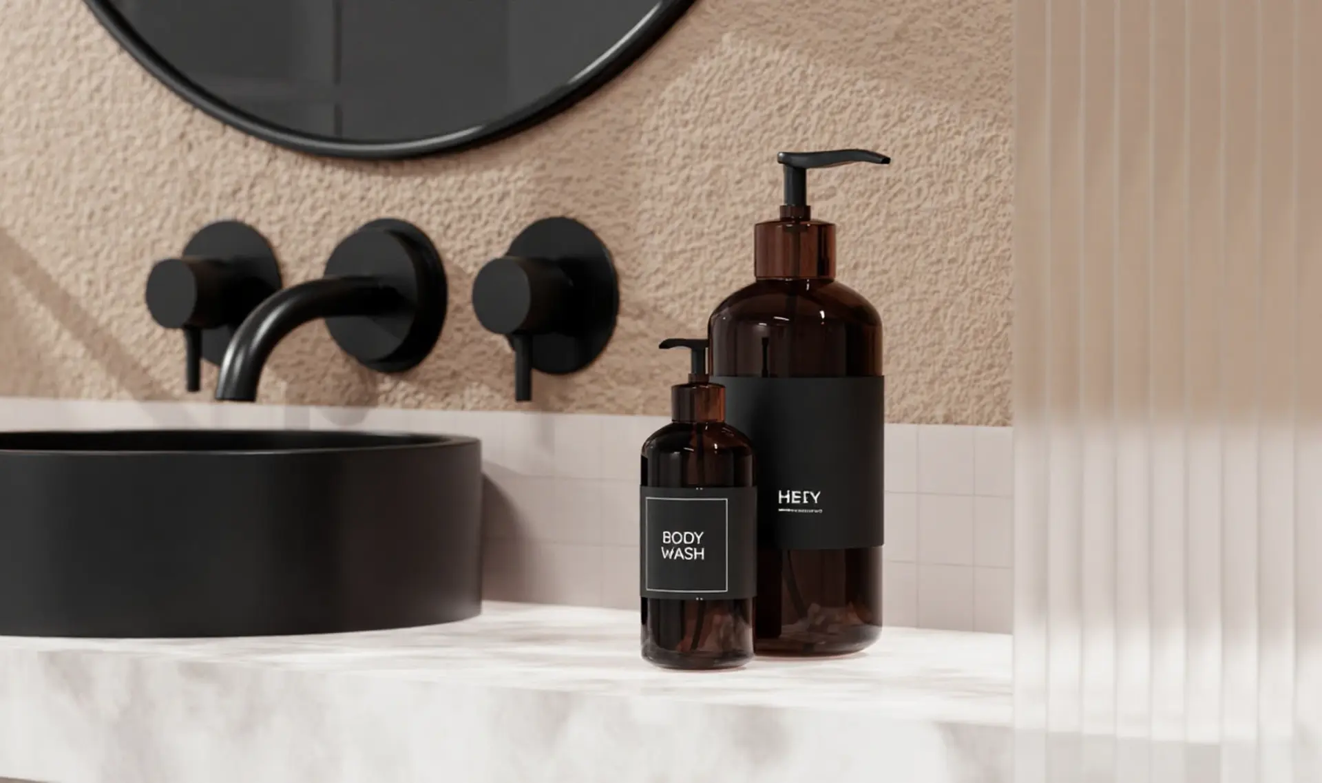 Modern bathroom vanity featuring matte black fixtures, a vessel sink, and amber glass toiletries bottles with minimalist labels.