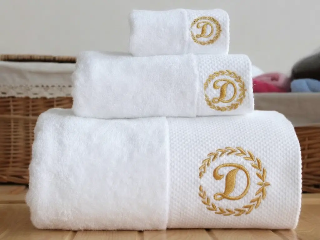 Luxury White Monogrammed Hotel Towel Set - China OS&E Premium Collection A stack of three white cotton towels featuring a gold embroidered 'D' monogram in a laurel wreath, designed for China OS&E hospitality and hotel bathroom supplies.
