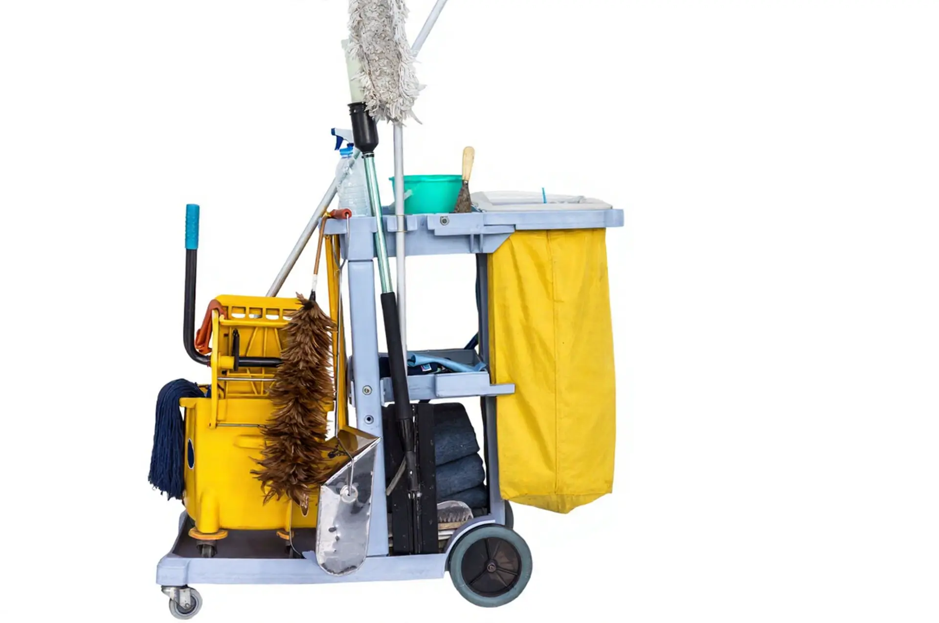 Professional janitorial cleaning trolley with mop bucket and supplies from a China OS&E manufacturer.