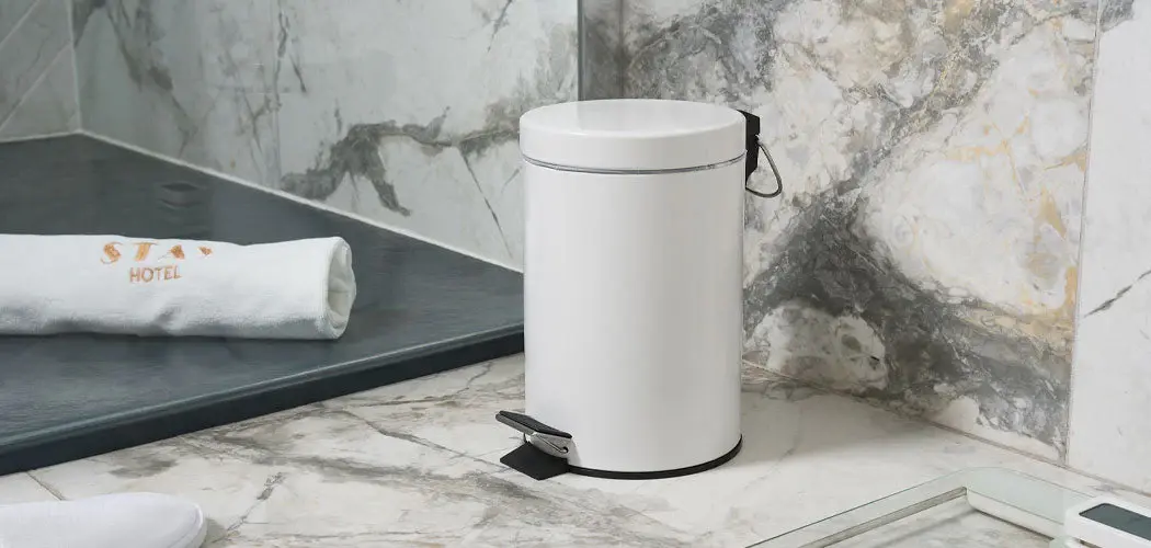A sleek white metal pedal trash can situated in a modern guestroom bathroom with marble tiling, manufactured in China.